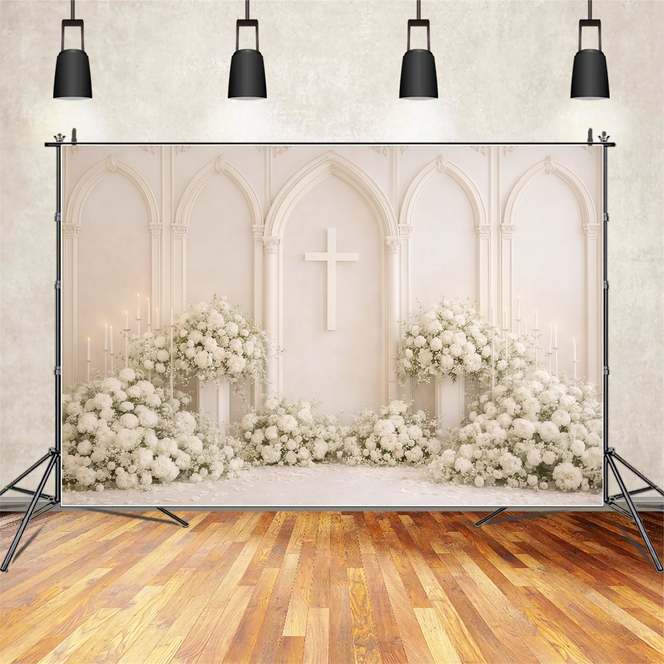 Mothers Day Backdrop Church White Floral Cross Arch Cathedral Elegance Mothersday Backdrop UK LXX63-62