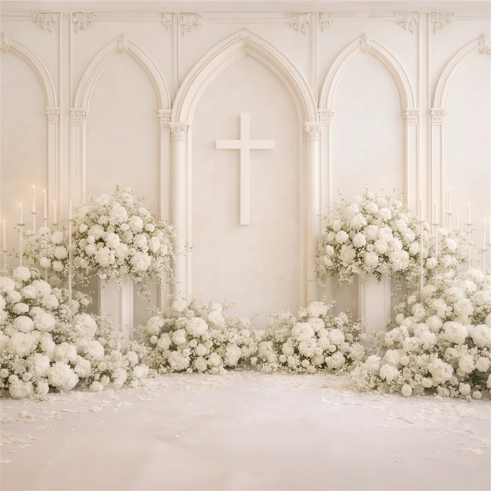 Mothers Day Backdrop Church White Floral Cross Arch Cathedral Elegance Mothersday Backdrop UK LXX63-62