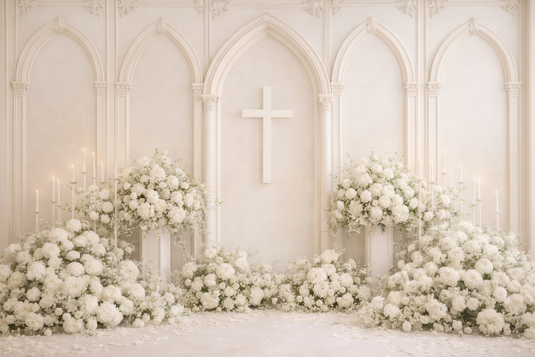 Mothers Day Backdrop Church White Floral Cross Arch Cathedral Elegance Mothersday Backdrop UK LXX63-62