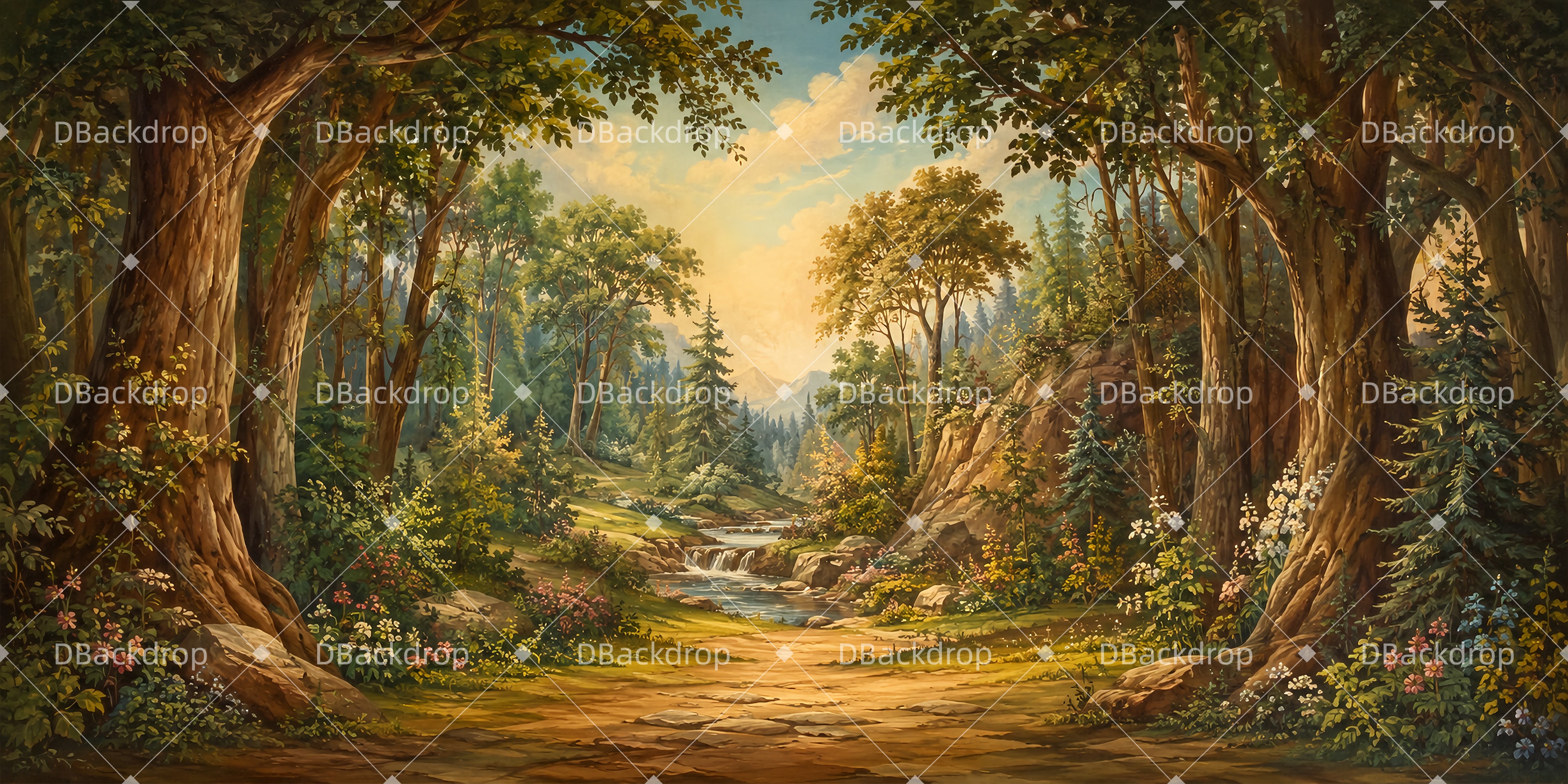 Forest Stage Backdrop Golden Woodland Stream Scenic Backdrops UK LXX65-T63
