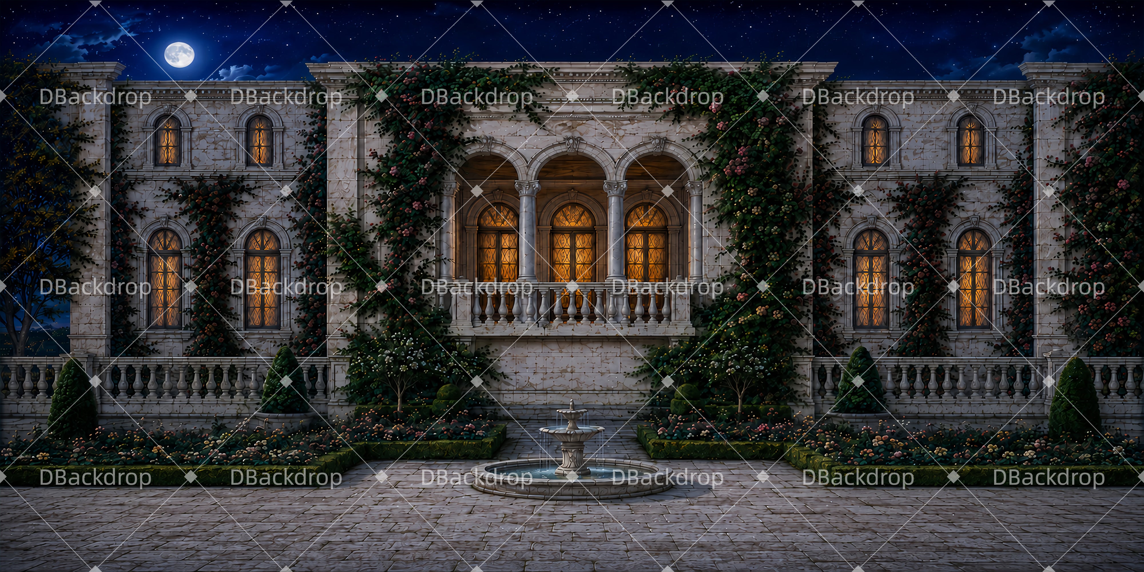 Movie Theater Backdrop Moonlit Manor Courtyard Performance Backdrop UK LXX65-T77
