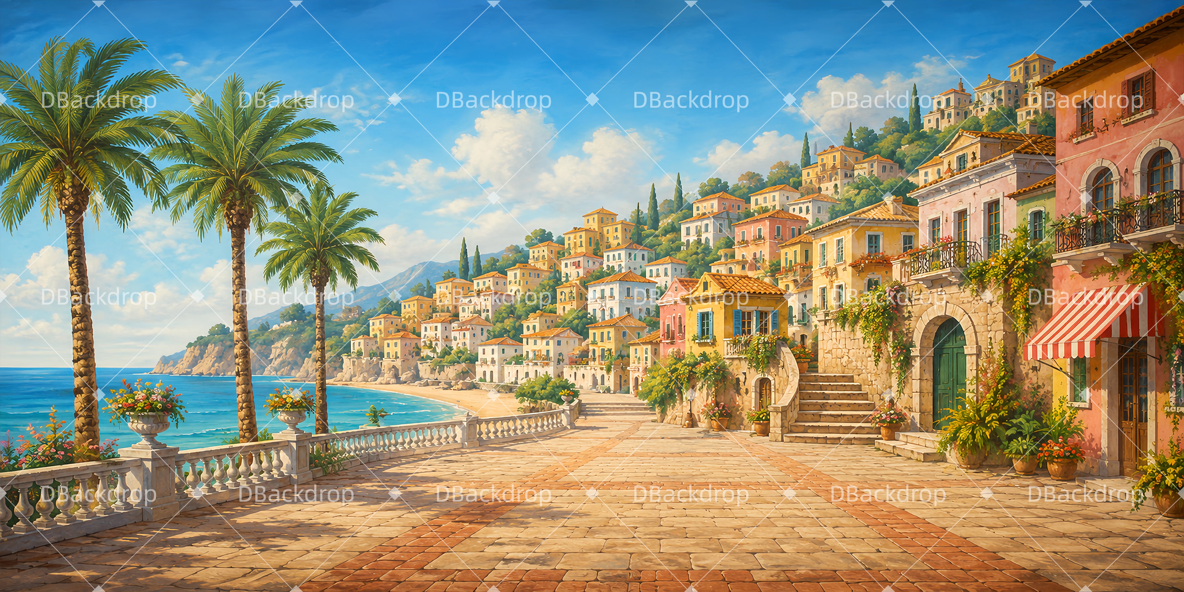 School Play Backdrops Coastal Village Plaza Performance Backdrop UK LXX66-T17