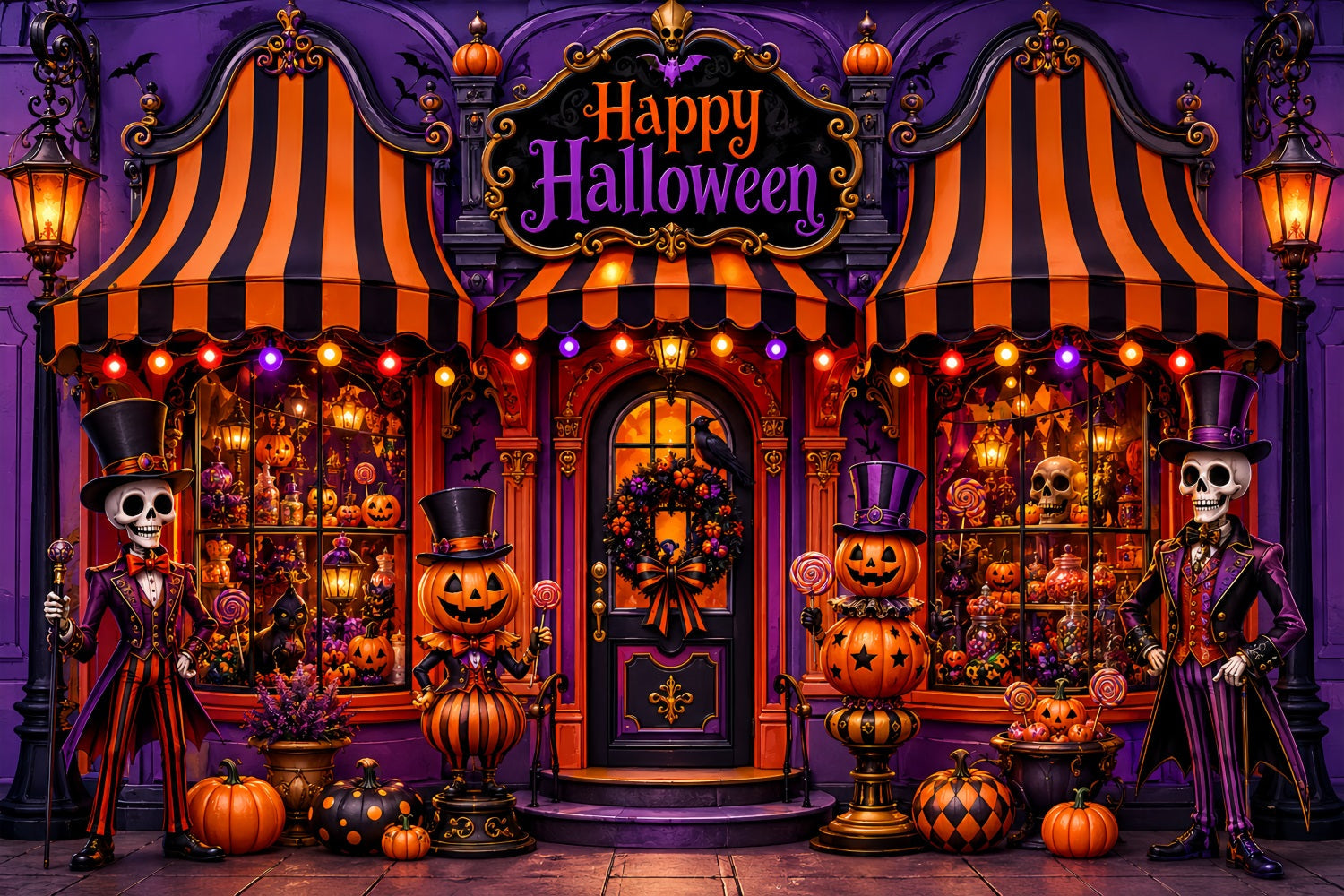 Halloween Backdrop Ideas DIY Skeleton Pumpkin Candy Shop Purple Halloween Backdrop UK LXX67-100