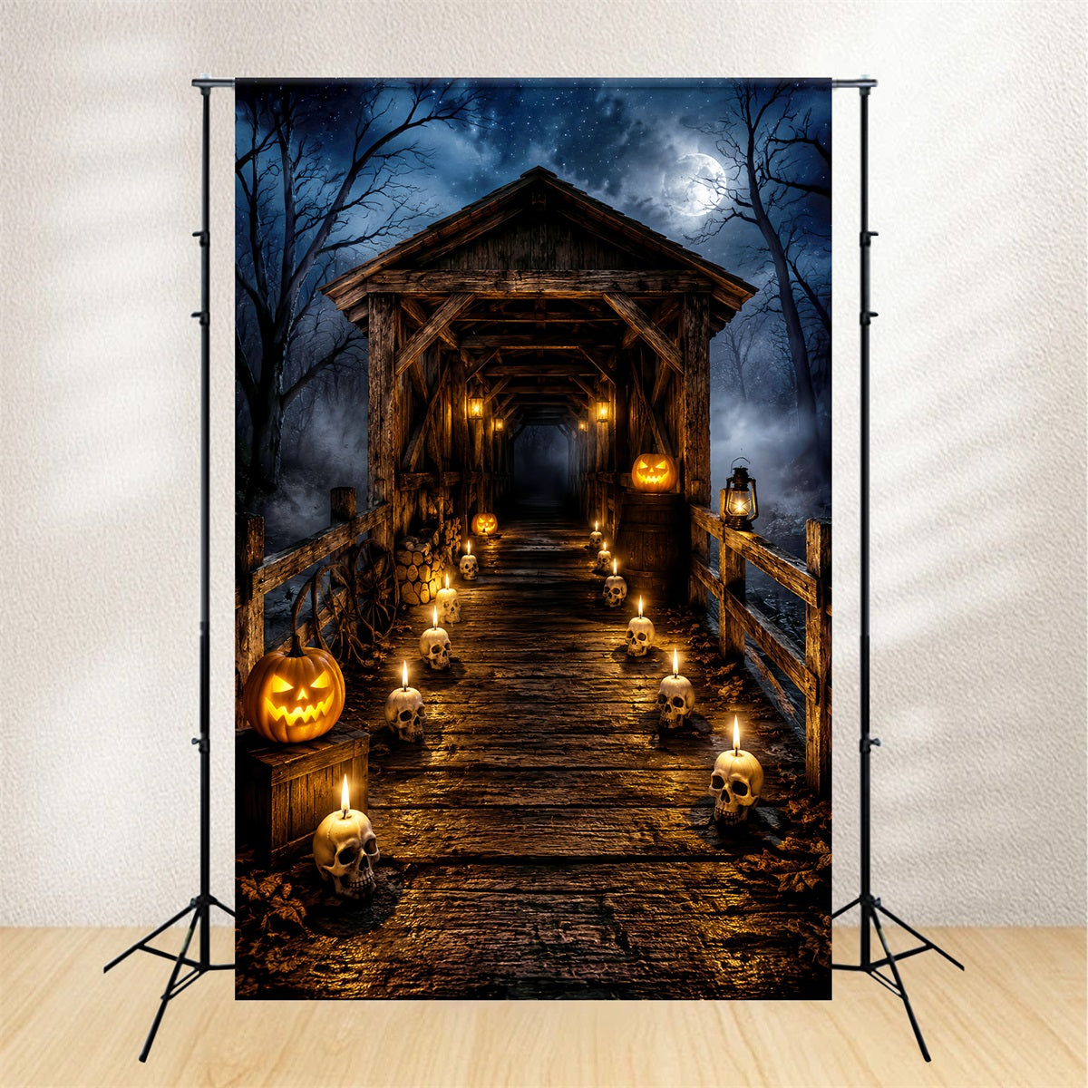Halloween Outdoor Backdrop Skull Candle Covered Bridge Halloween Backdrops For Photos UK LXX67-11