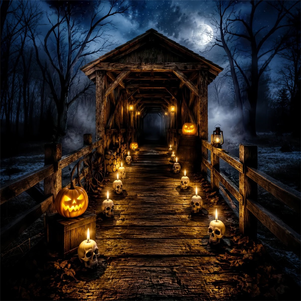 Halloween Outdoor Backdrop Skull Candle Covered Bridge Halloween Backdrops For Photos UK LXX67-11