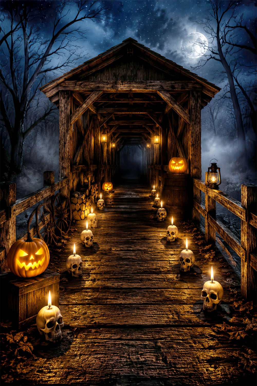 Halloween Outdoor Backdrop Skull Candle Covered Bridge Halloween Backdrops For Photos UK LXX67-11