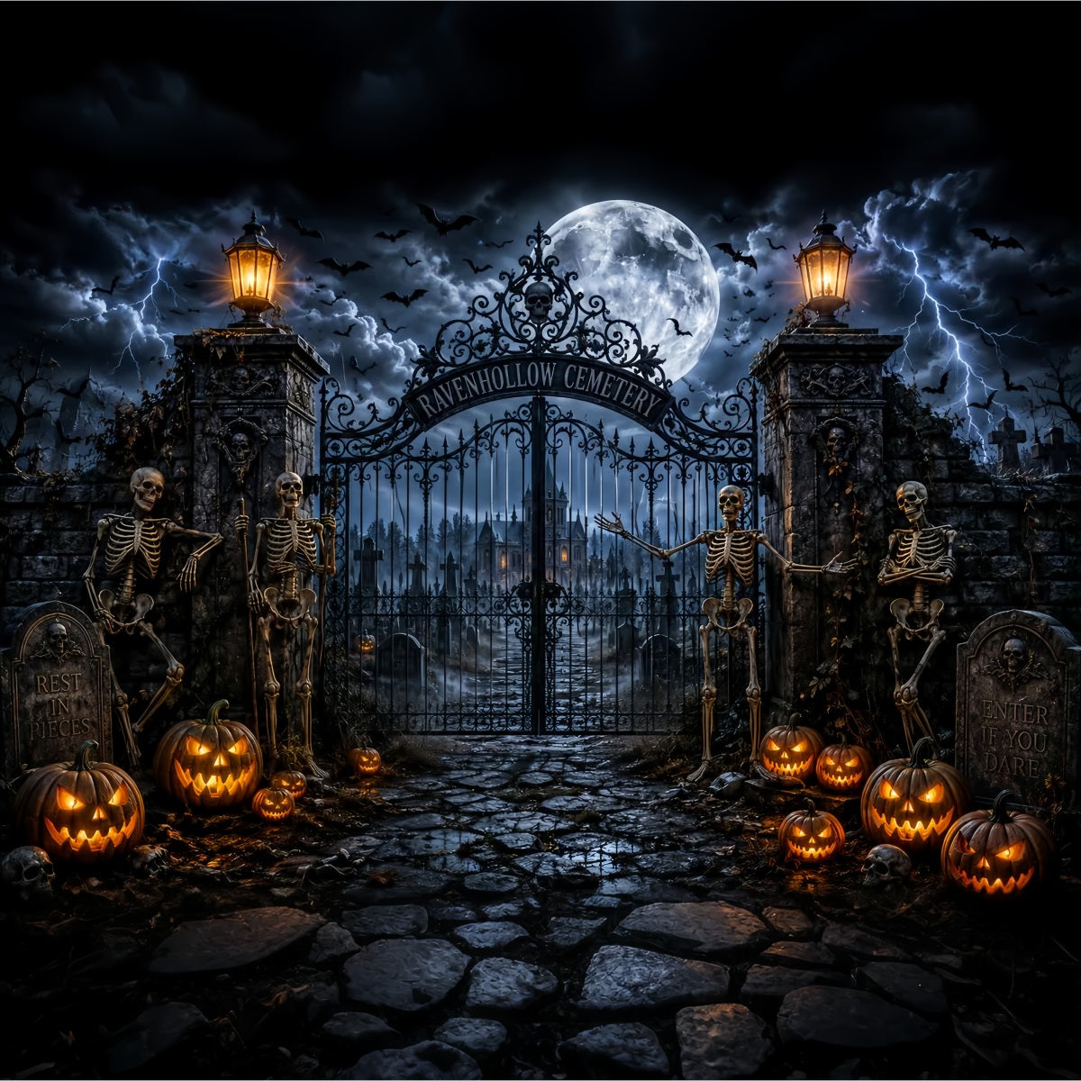 Outdoor Halloween Backdrop Stormy Skeleton Cemetery Gate Spooky Halloween Backdrop UK LXX67-116