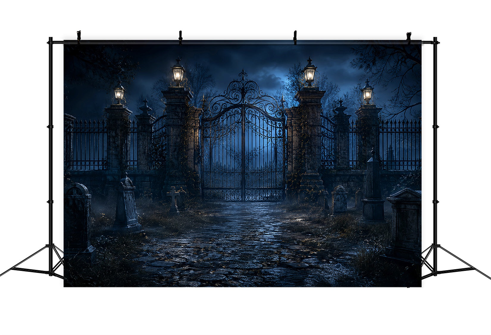 Halloween Outdoor Backdrop Moonlit Cemetery Iron Gate Halloween Backdrops For Photos UK LXX67-120