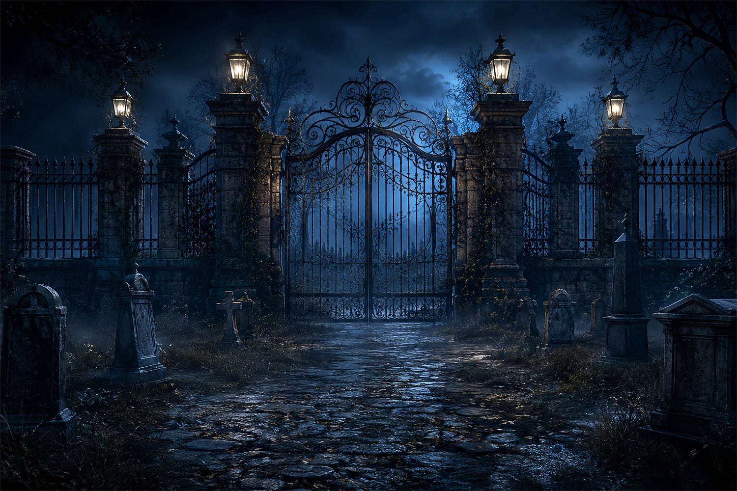 Halloween Outdoor Backdrop Moonlit Cemetery Iron Gate Halloween Backdrops For Photos UK LXX67-120