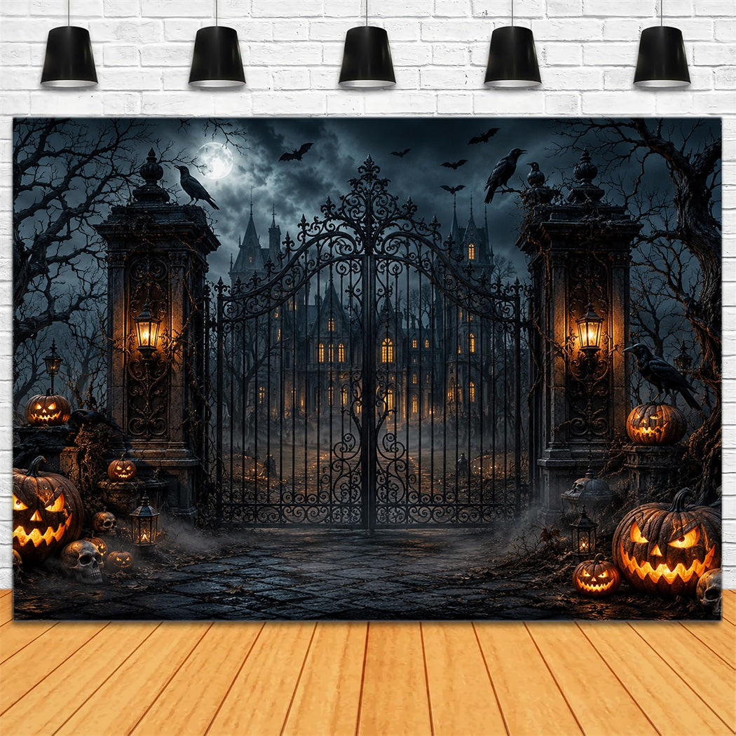 Halloween Outdoor Backdrop Gothic Mansion Pumpkin Gate Halloween Backdrops For Photos UK LXX67-121