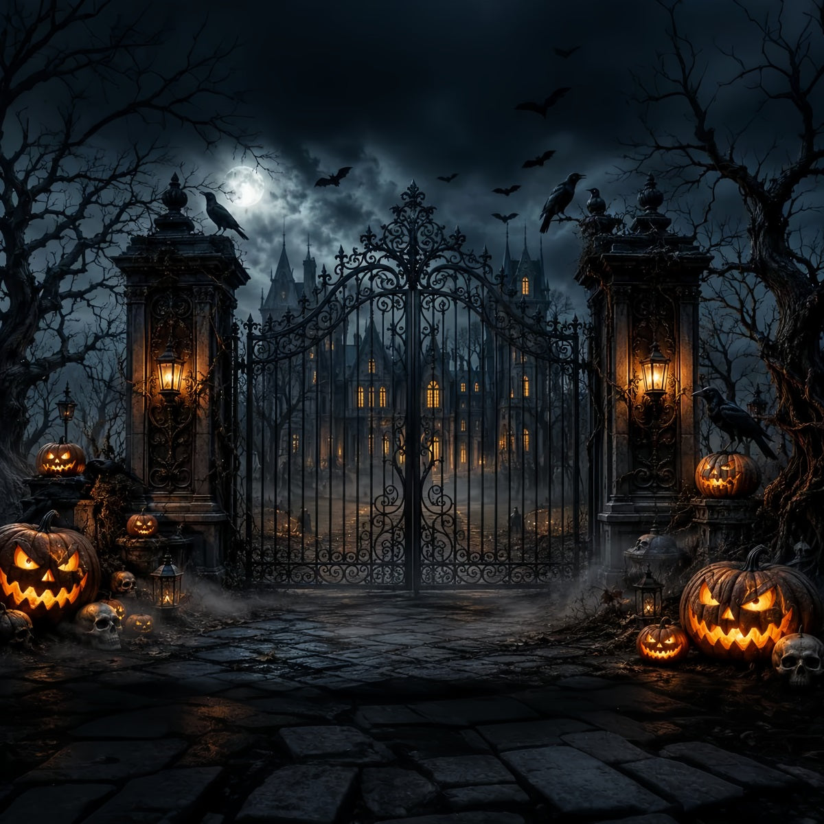 Halloween Outdoor Backdrop Gothic Mansion Pumpkin Gate Halloween Backdrops For Photos UK LXX67-121