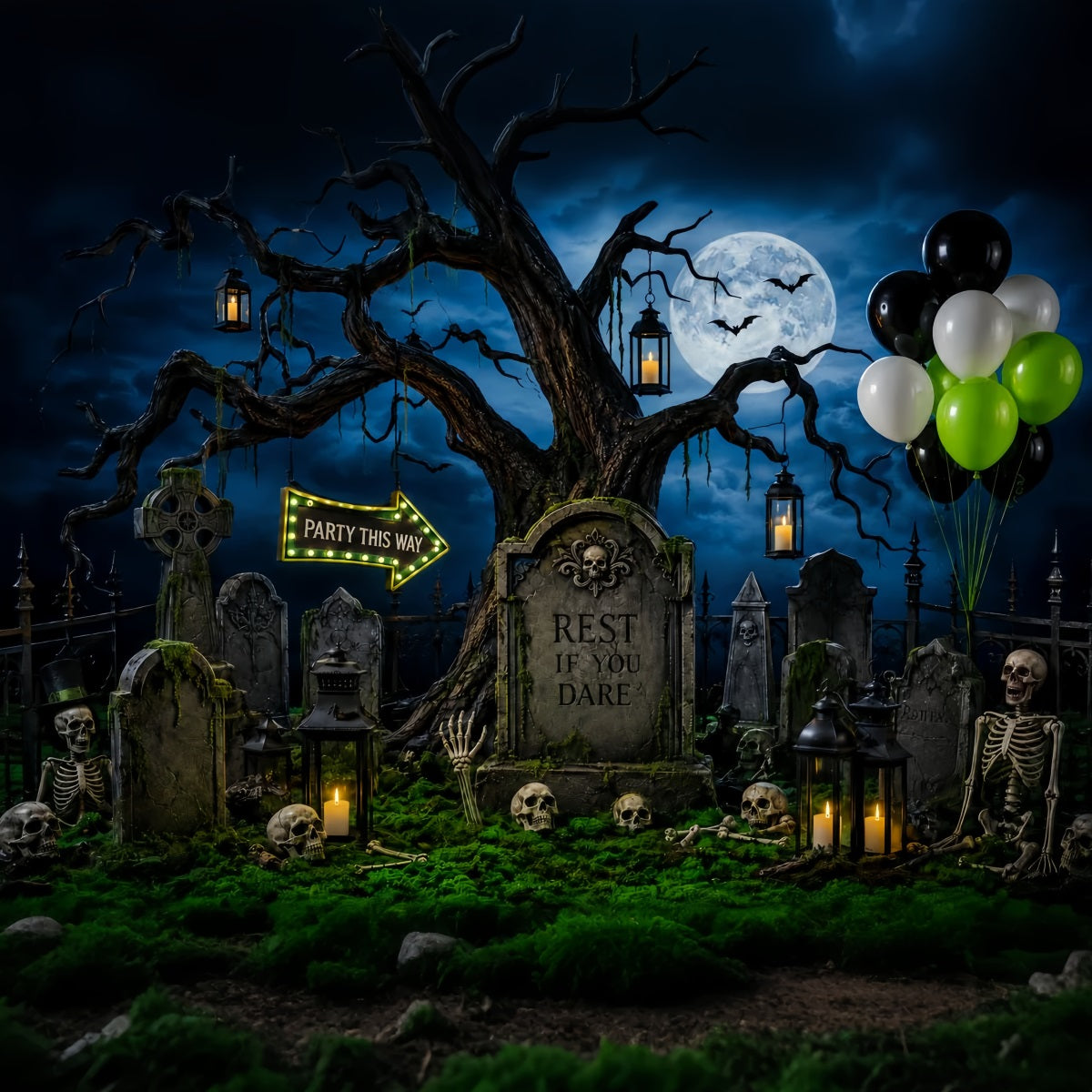 Custom Halloween Backdrop Moonlit Graveyard Skeleton Party Halloween Graveyard Backdrop UK LXX67-124