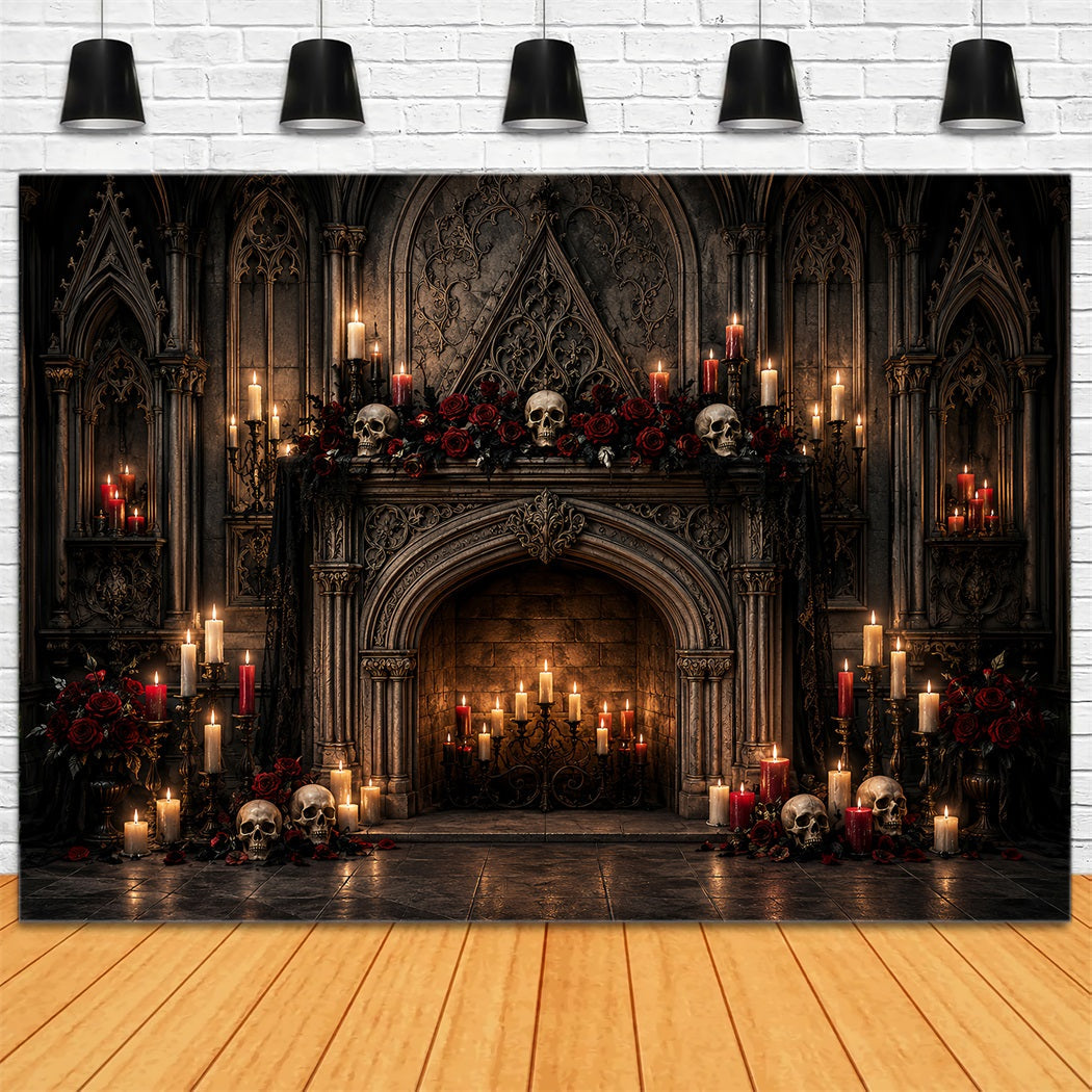 Photo Booth Halloween Backdrop Ideas Gothic Skull Candle Fireplace Halloween Picture Backdrop UK LXX67-125