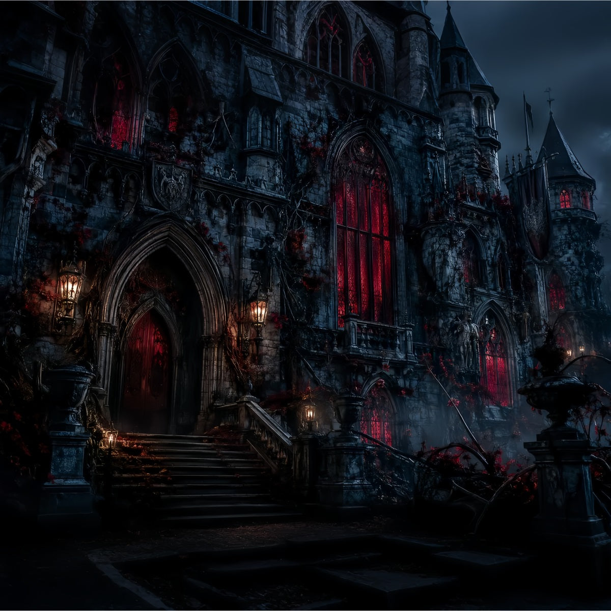 Halloween Castle Backdrop Dark House Red Windows Large Halloween Backdrop UK LXX67-126