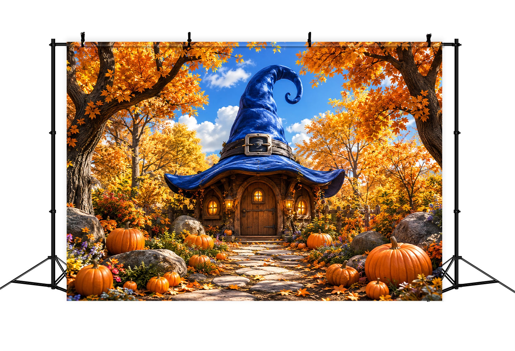 Halloween Cardboard Backdrops Autumn Witch Hat Cottage Halloween Photography Backdrop UK LXX67-129