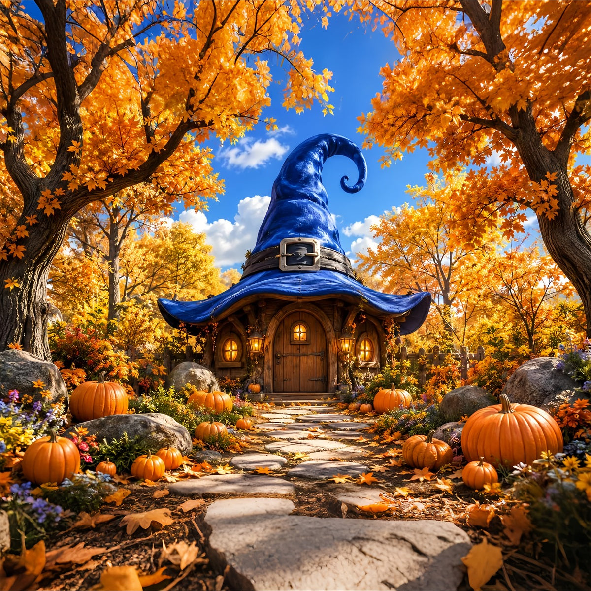 Halloween Cardboard Backdrops Autumn Witch Hat Cottage Halloween Photography Backdrop UK LXX67-129