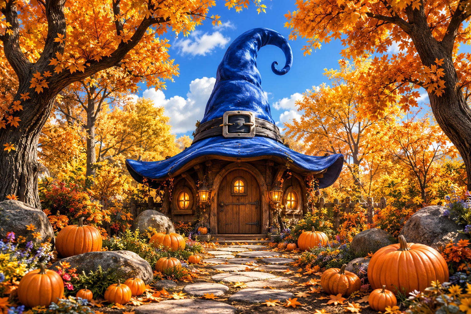 Halloween Cardboard Backdrops Autumn Witch Hat Cottage Halloween Photography Backdrop UK LXX67-129