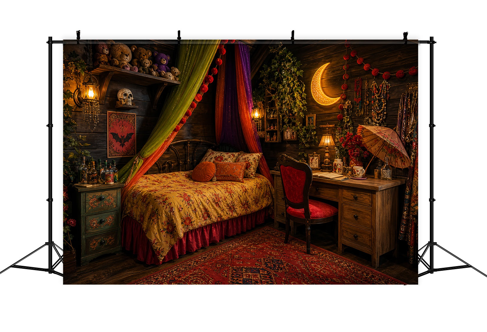 Cute Halloween Photo Backdrop Bohemian Witch Bedroom Moonlight Backdrop Halloween UK LXX67-13