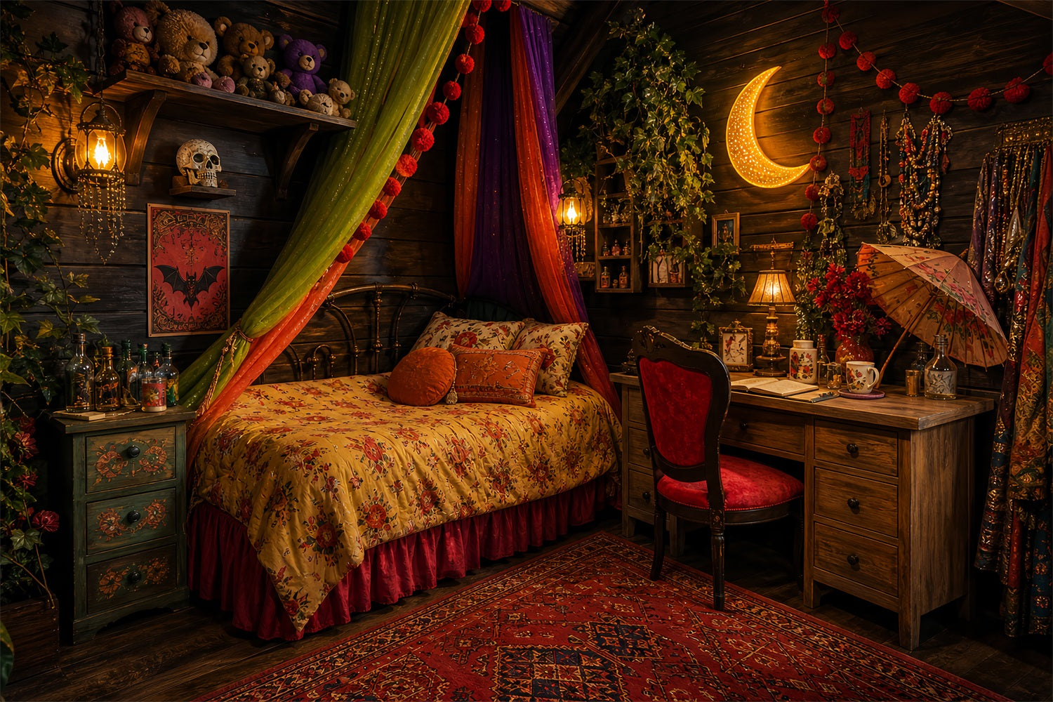 Cute Halloween Photo Backdrop Bohemian Witch Bedroom Moonlight Backdrop Halloween UK LXX67-13