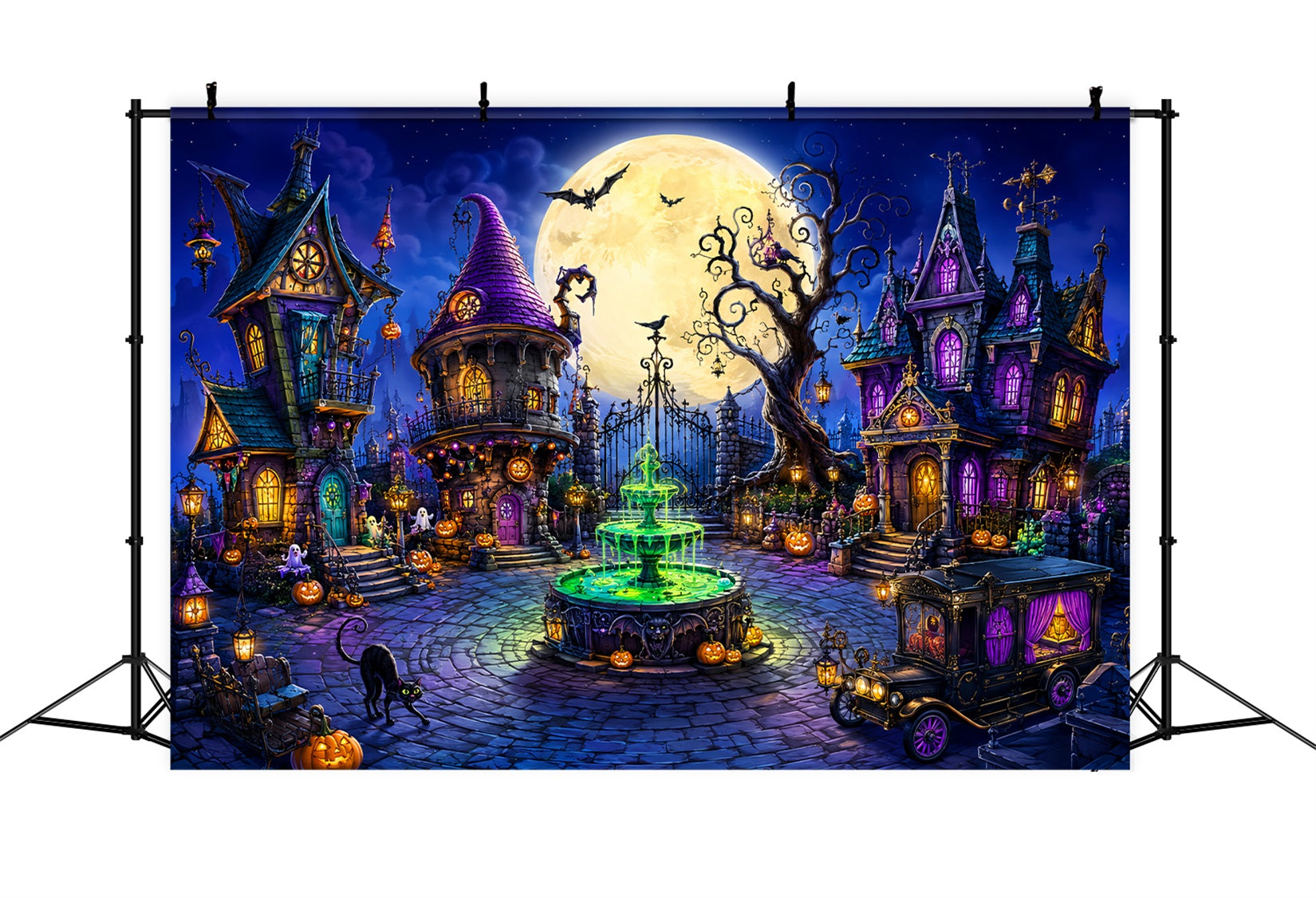 Halloween Backdrop Outdoor Whimsical Moon Witch Town Photo Backdrop Halloween UK LXX67-131