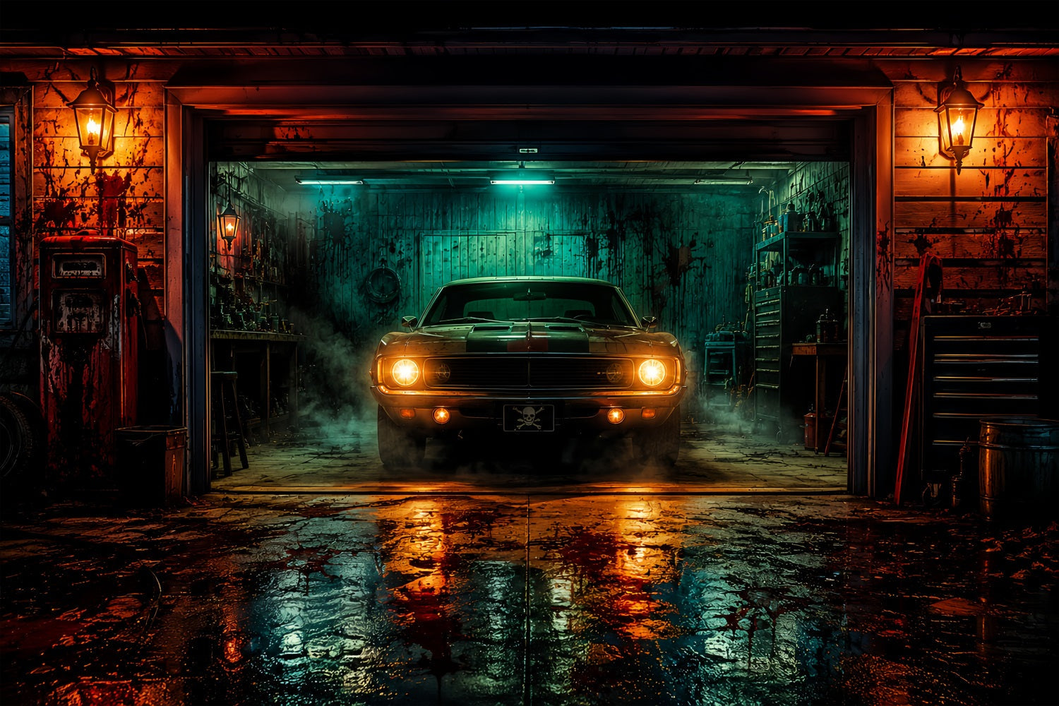 Halloween Garage Backdrop Haunted Muscle Car Barn Backdrops For Halloween UK LXX67-134