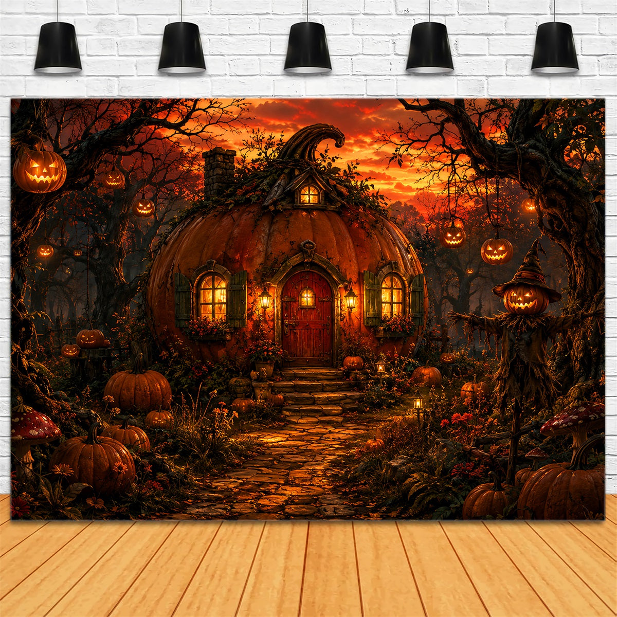 Halloween House Backdrop Pumpkin Cottage Forest Sunset Halloween Cemetery Backdrop UK LXX67-136