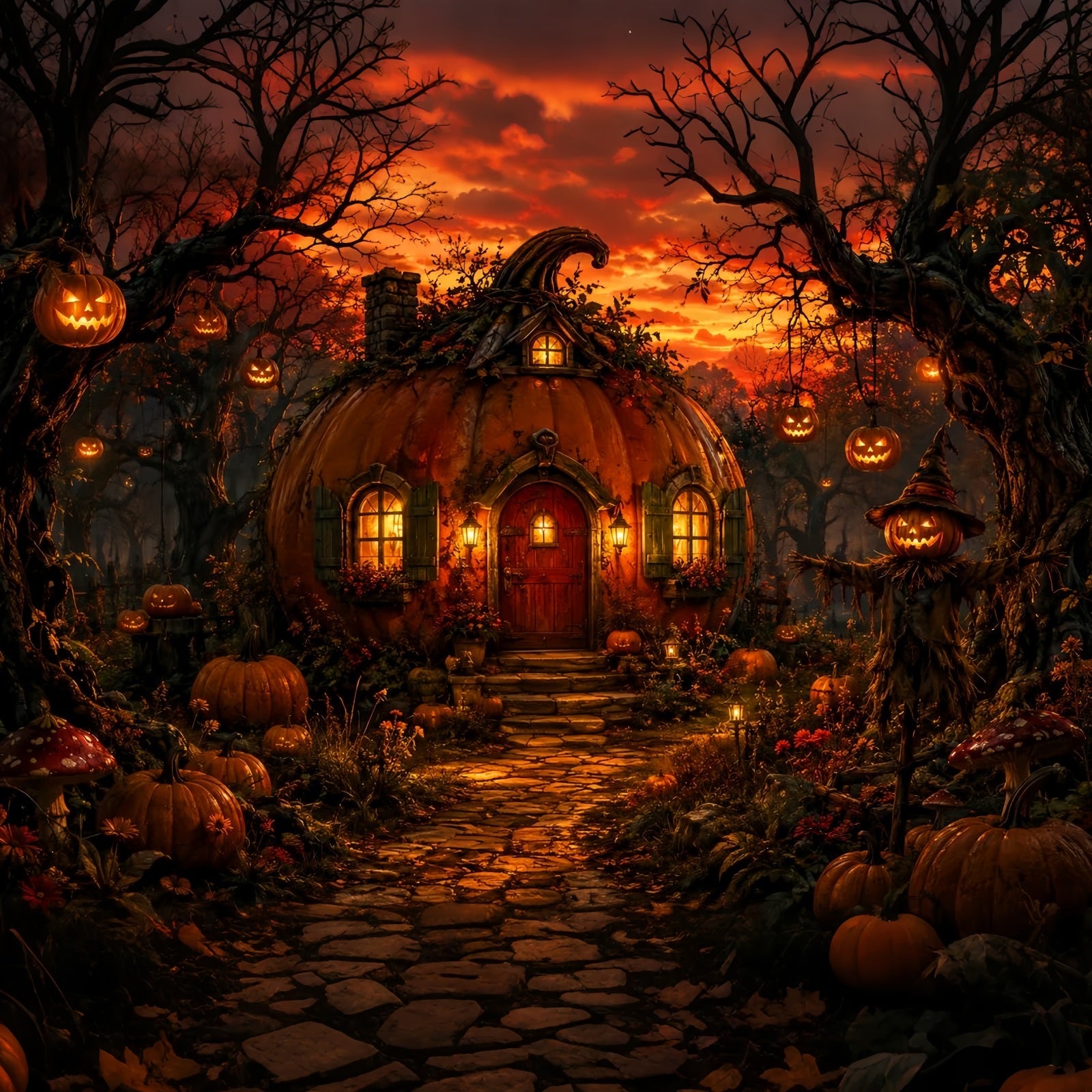 Halloween House Backdrop Pumpkin Cottage Forest Sunset Halloween Cemetery Backdrop UK LXX67-136