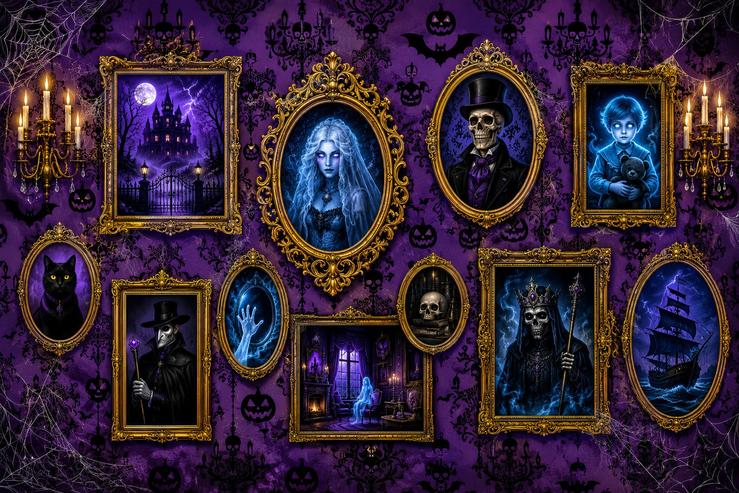 Fabric Halloween Backdrop Purple Haunted Portrait Gallery Halloween Backdrop For Pictures UK LXX67-138