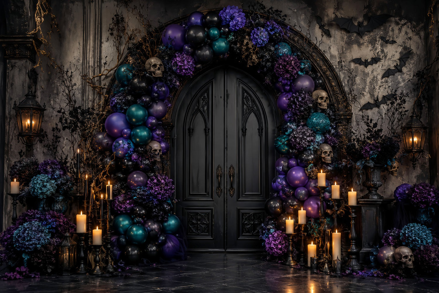 Halloween Balloon Backdrop Skull Door Floral Arch Halloween Themed Backdrop UK LXX67-139