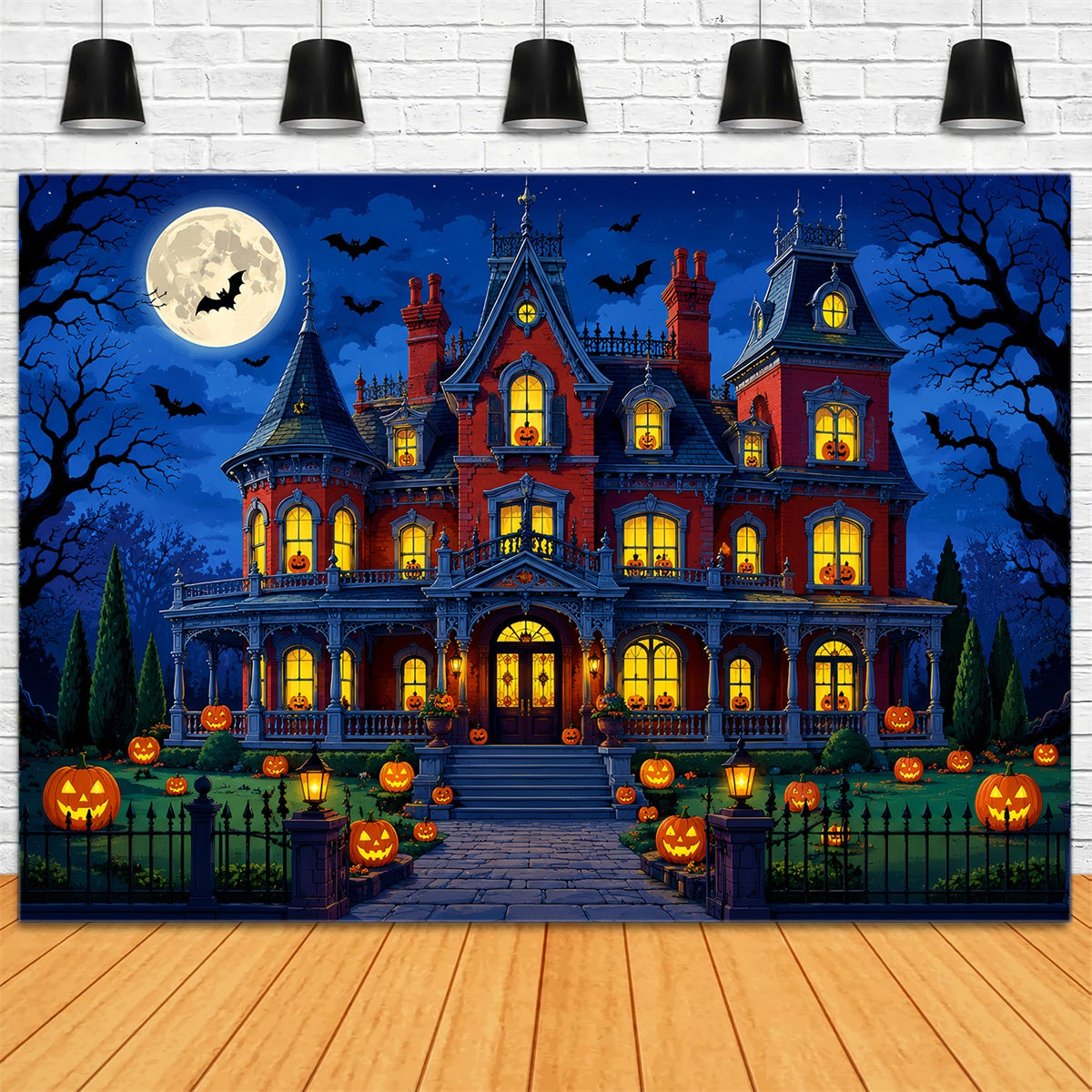 Halloween Backdrop Photo Booth Moonlit Pumpkin Manor Garden Backdrops Halloween UK LXX67-143