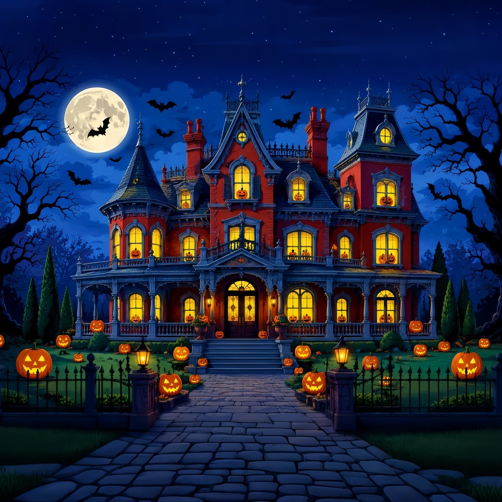 Halloween Backdrop Photo Booth Moonlit Pumpkin Manor Garden Backdrops Halloween UK LXX67-143