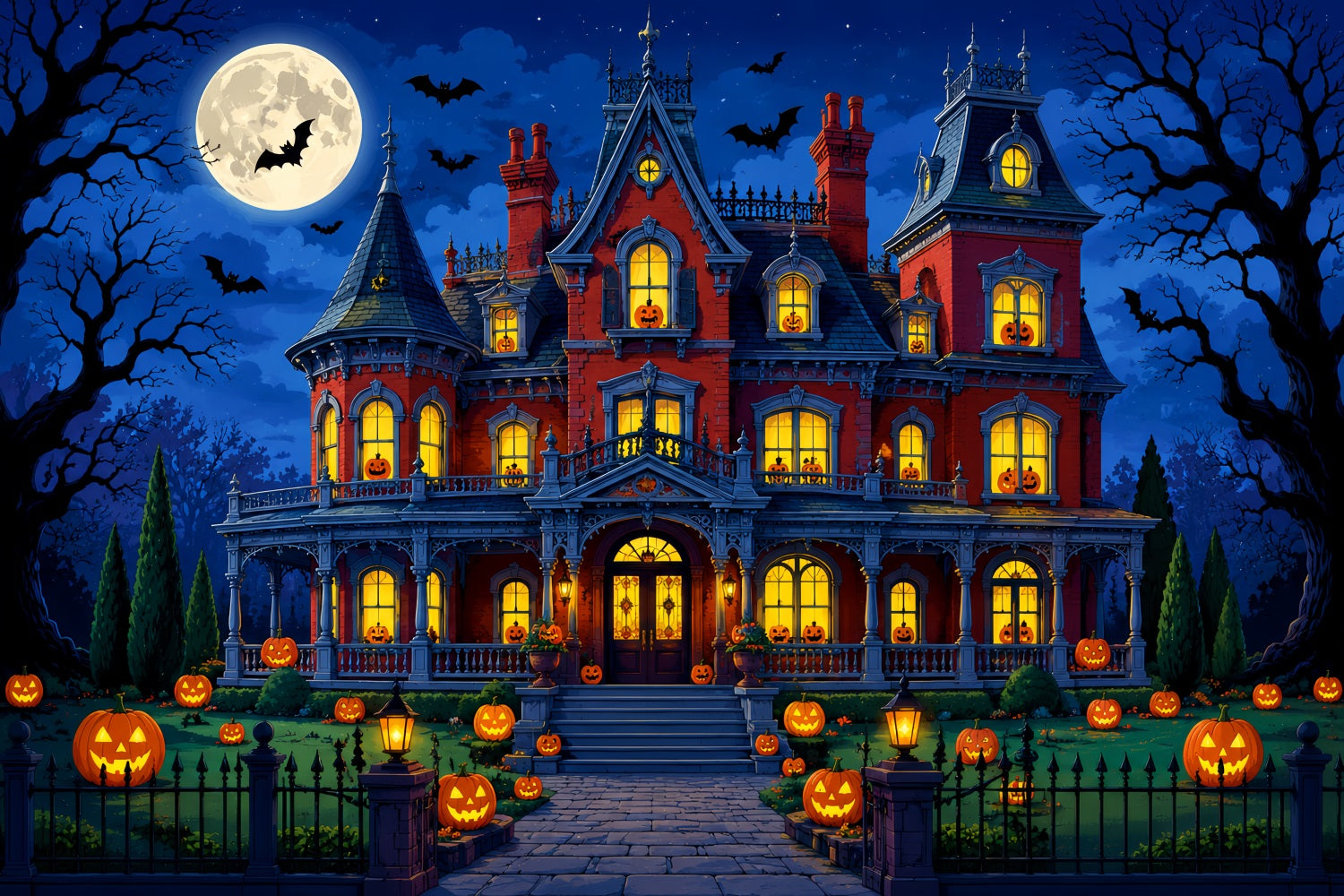 Halloween Backdrop Photo Booth Moonlit Pumpkin Manor Garden Backdrops Halloween UK LXX67-143