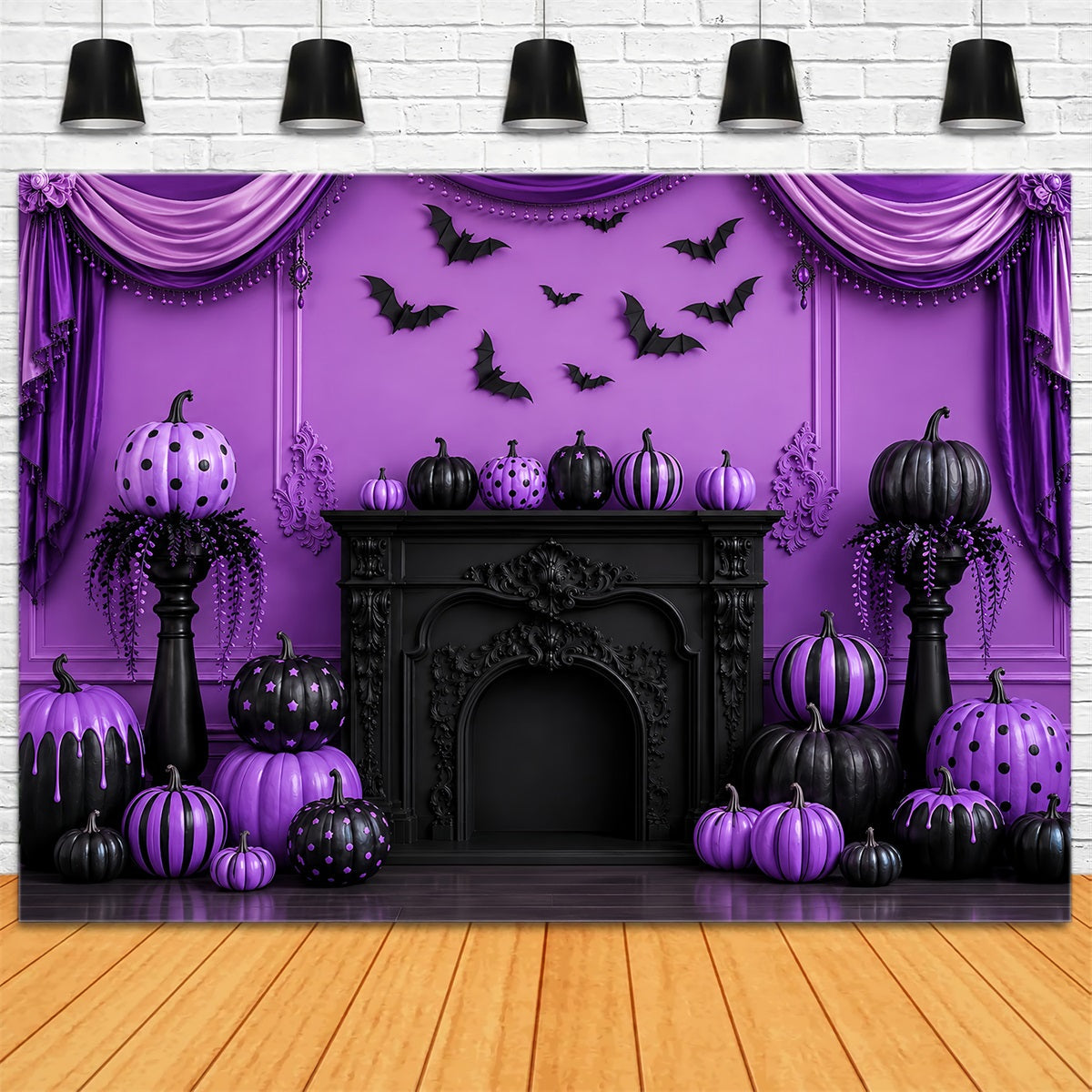 Halloween Stage Backdrop Purple Pumpkin Gothic Fireplace Halloween Photography Backdrops UK LXX67-144