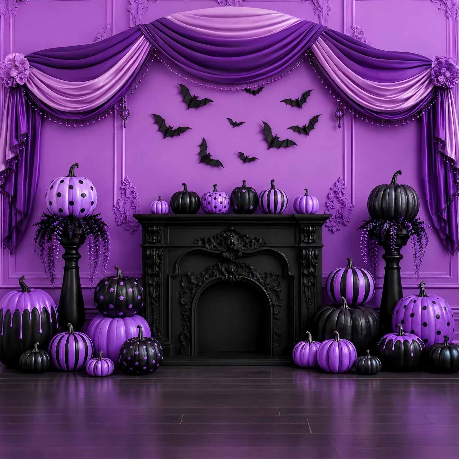 Halloween Stage Backdrop Purple Pumpkin Gothic Fireplace Halloween Photography Backdrops UK LXX67-144