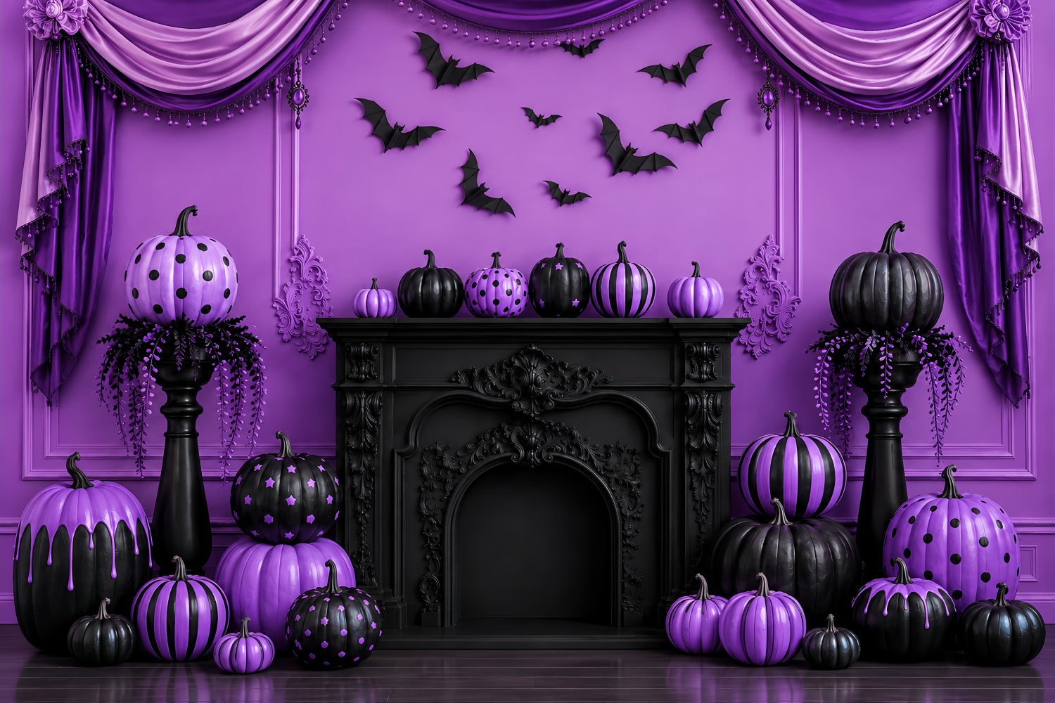 Halloween Stage Backdrop Purple Pumpkin Gothic Fireplace Halloween Photography Backdrops UK LXX67-144
