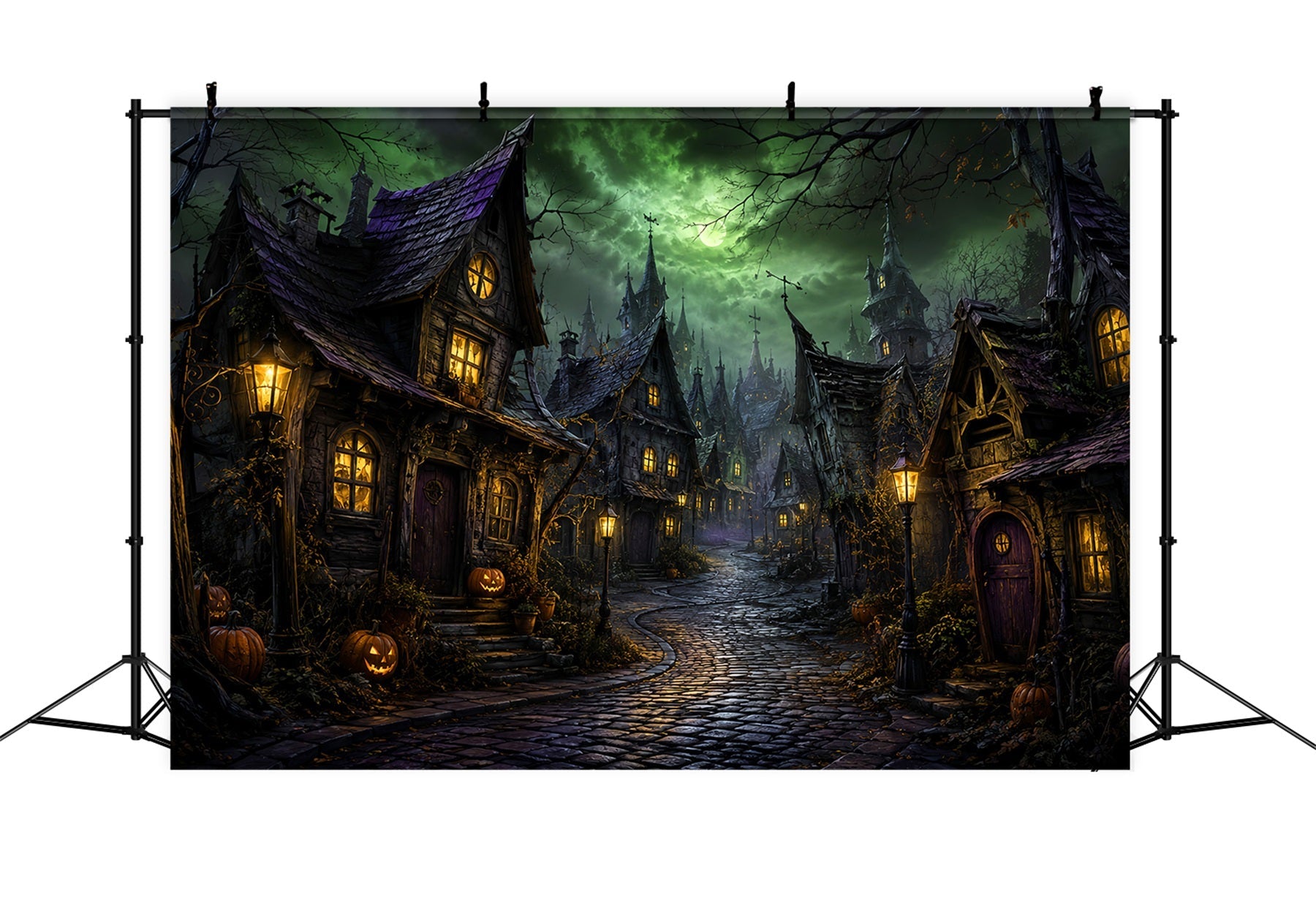 Photography Backdrops Halloween Green Moon Crooked Village Halloween Town Backdrop UK LXX67-146