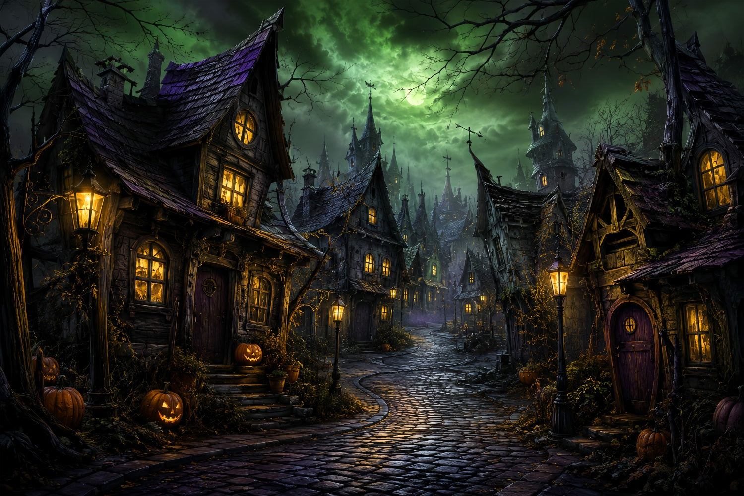 Photography Backdrops Halloween Green Moon Crooked Village Halloween Town Backdrop UK LXX67-146