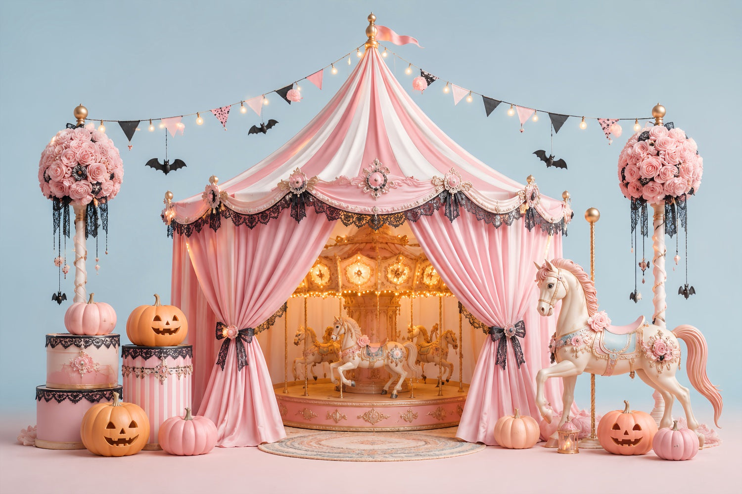 Halloween Backdrops For Pictures Pink Carousel Pumpkin Tent Halloween Circus Backdrop UK LXX67-148