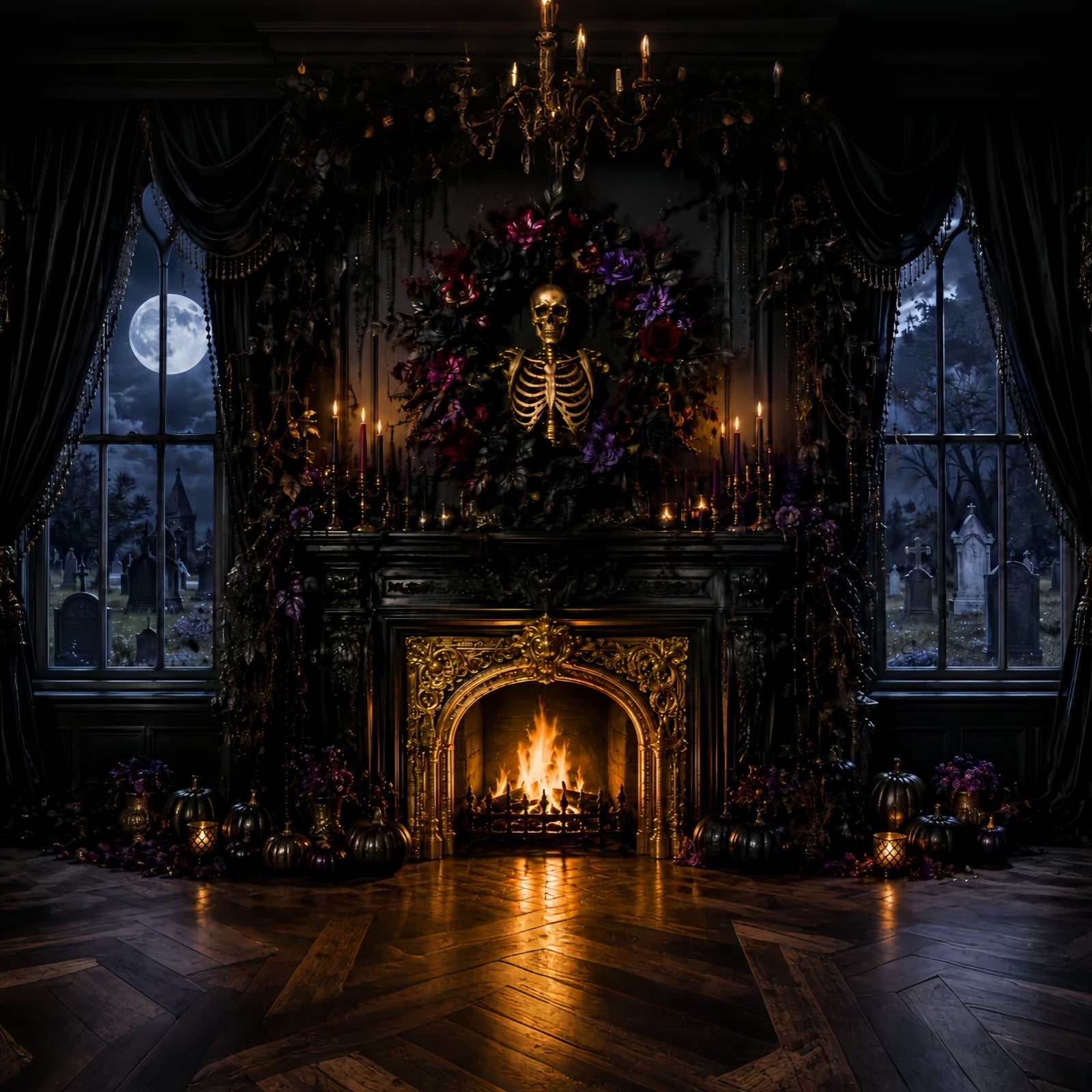 Halloween Backdrop Photography Skeleton Floral Gothic Fireplace Halloween Scary Backdrop UK LXX67-151
