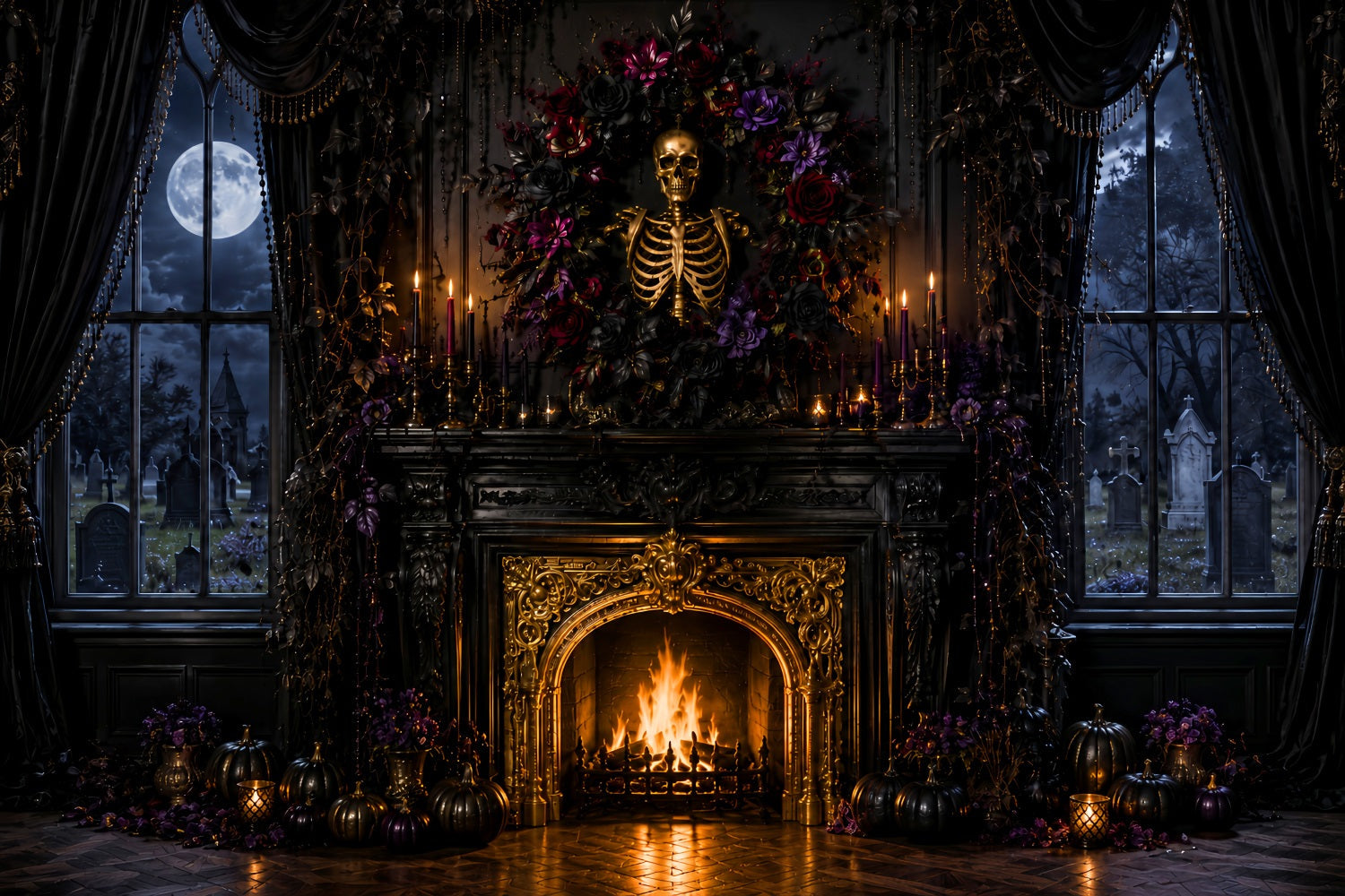 Halloween Backdrop Photography Skeleton Floral Gothic Fireplace Halloween Scary Backdrop UK LXX67-151