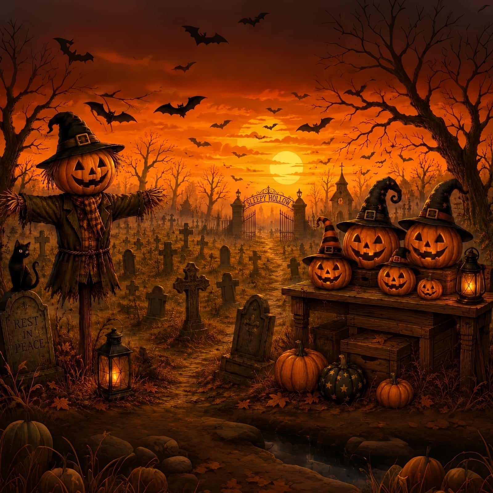 Halloween Cloth Backdrop Scarecrow Pumpkin Cemetery Sunset Graveyard Halloween Backdrops UK LXX67-152
