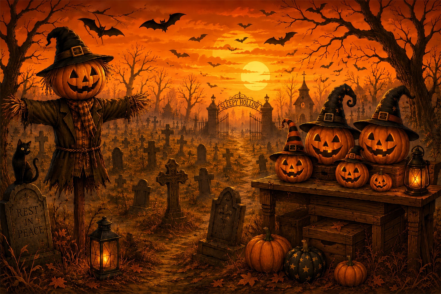 Halloween Cloth Backdrop Scarecrow Pumpkin Cemetery Sunset Graveyard Halloween Backdrops UK LXX67-152