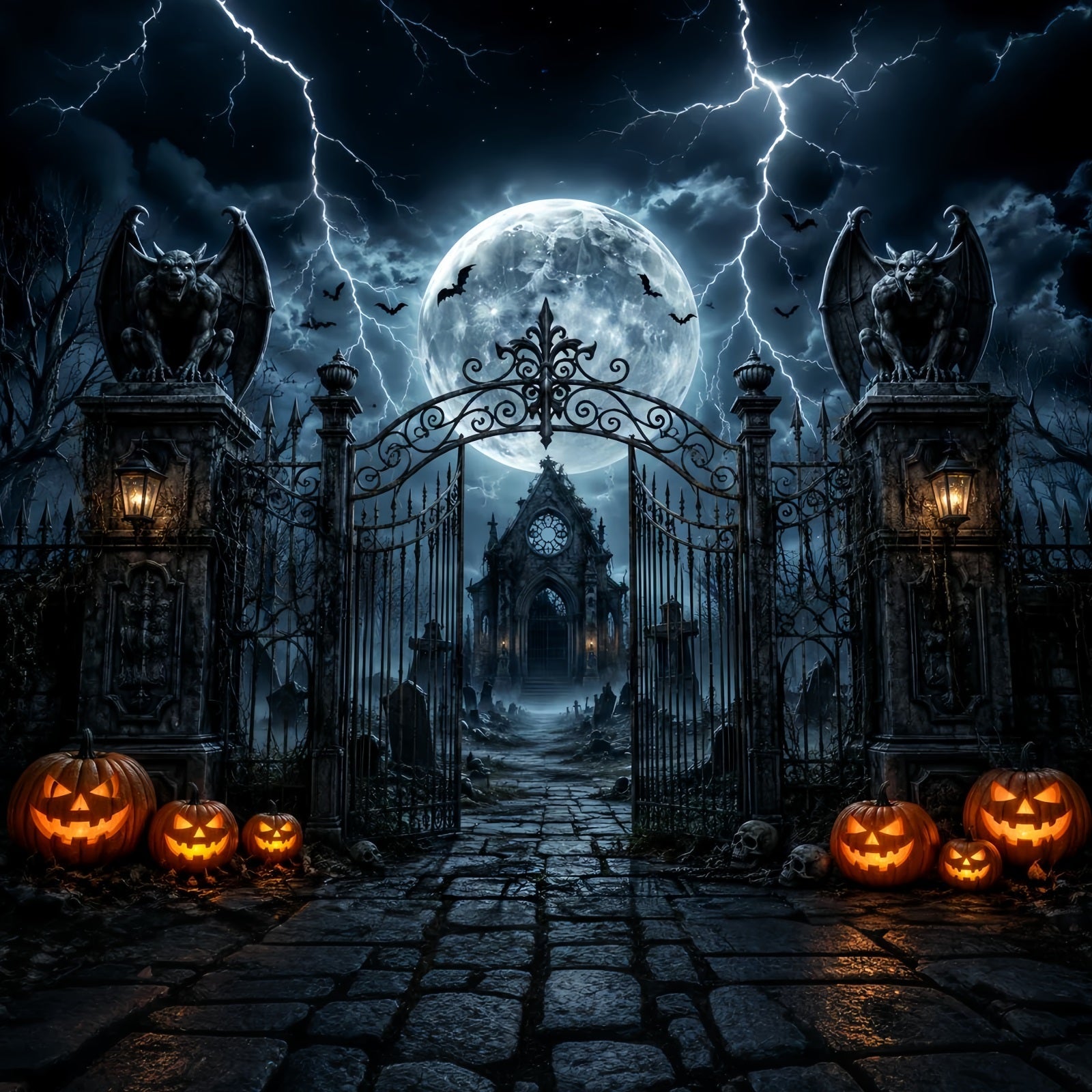 Halloween Party Photo Backdrop Ideas Stormy Gargoyle Cemetery Gateway Creepy Halloween Backdrop UK LXX67-154