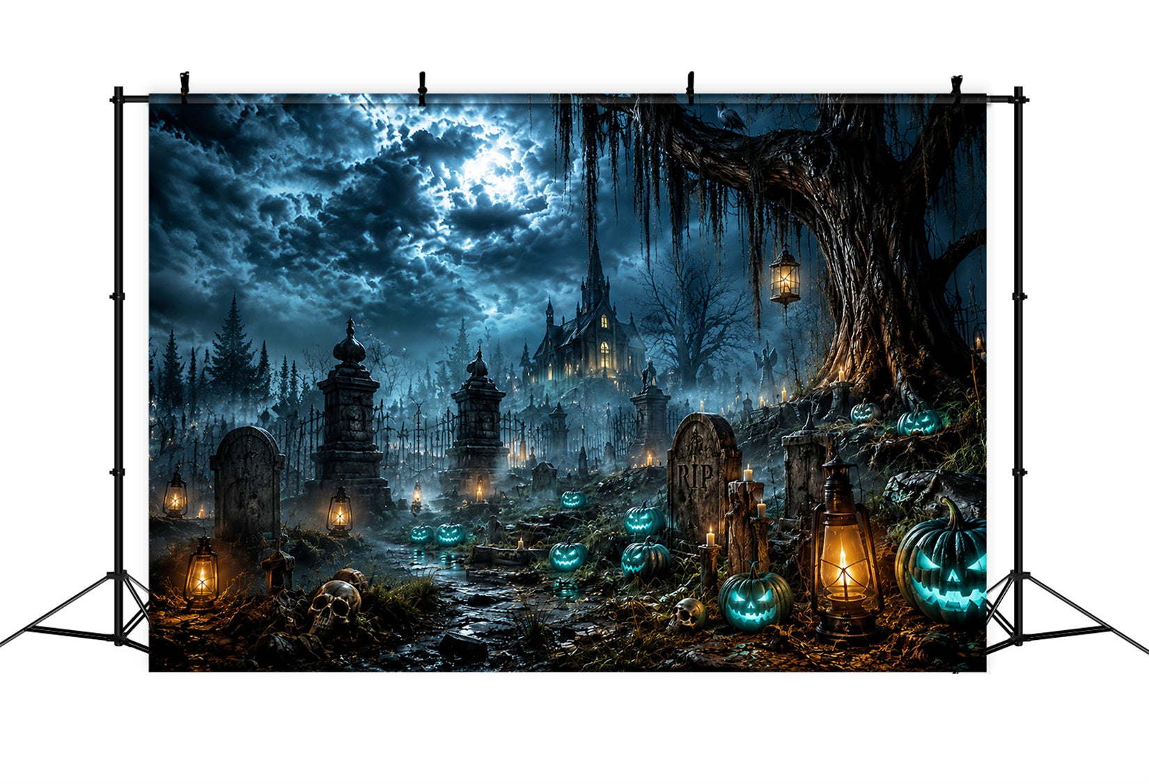 Halloween Castle Backdrop Moonlit Haunted Graveyard Pumpkins Large Halloween Backdrop UK LXX67-16
