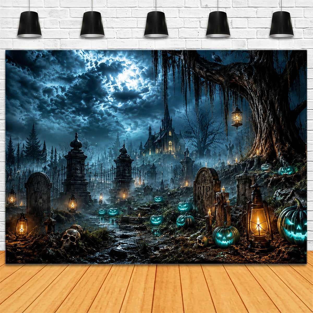 Halloween Castle Backdrop Moonlit Haunted Graveyard Pumpkins Large Halloween Backdrop UK LXX67-16