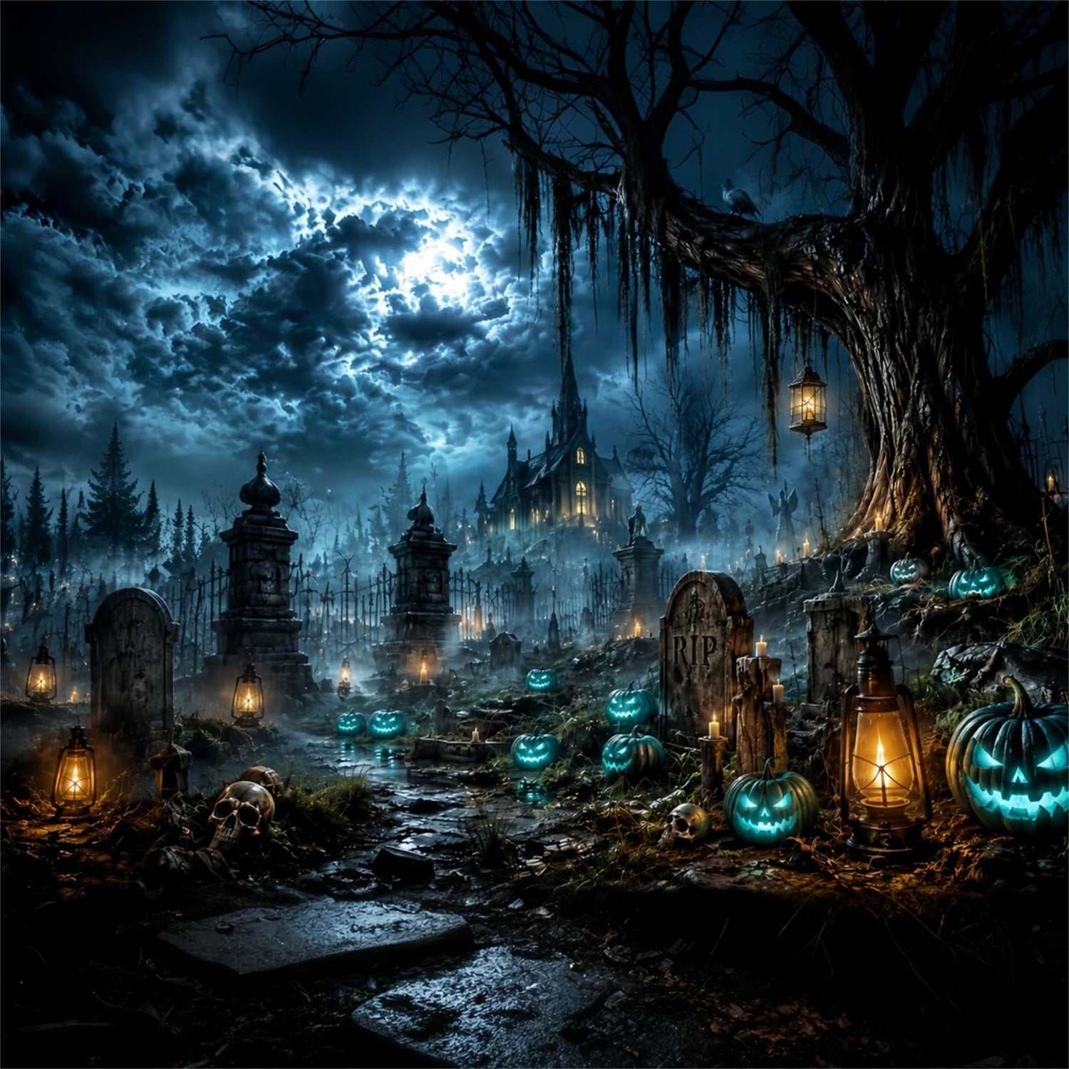 Halloween Castle Backdrop Moonlit Haunted Graveyard Pumpkins Large Halloween Backdrop UK LXX67-16