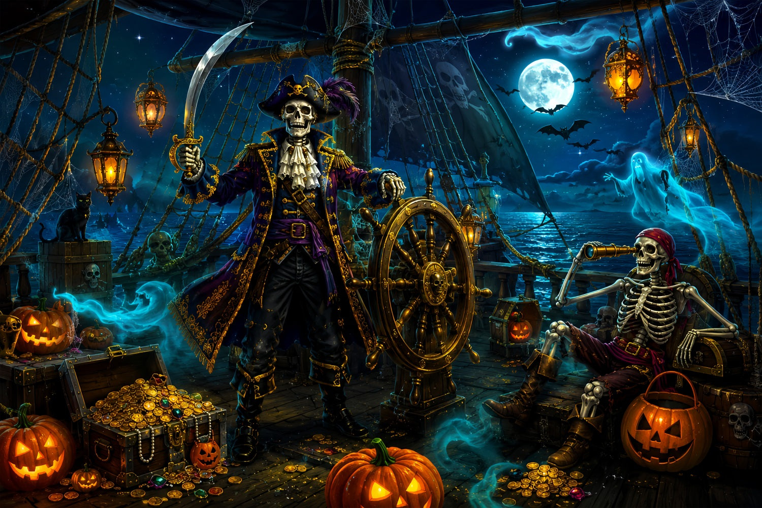 Halloween Theme Backdrop Skeleton Pirate Treasure Ship Halloween Backdrop For Photos UK LXX67-163