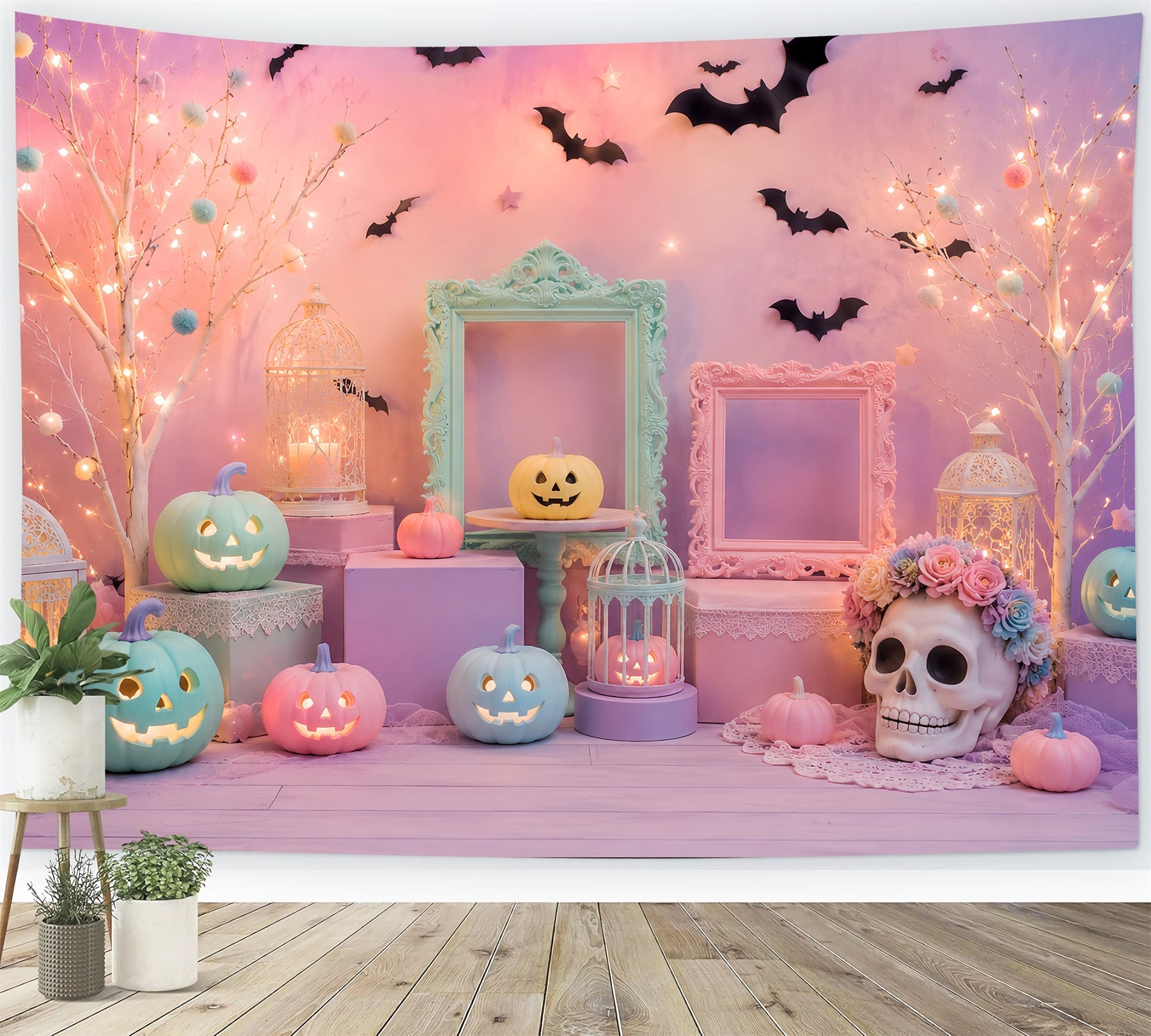 Cute Halloween Backdrops Pastel Pumpkin Skull Display Halloween Backdrops Scene Setters UK LXX67-165