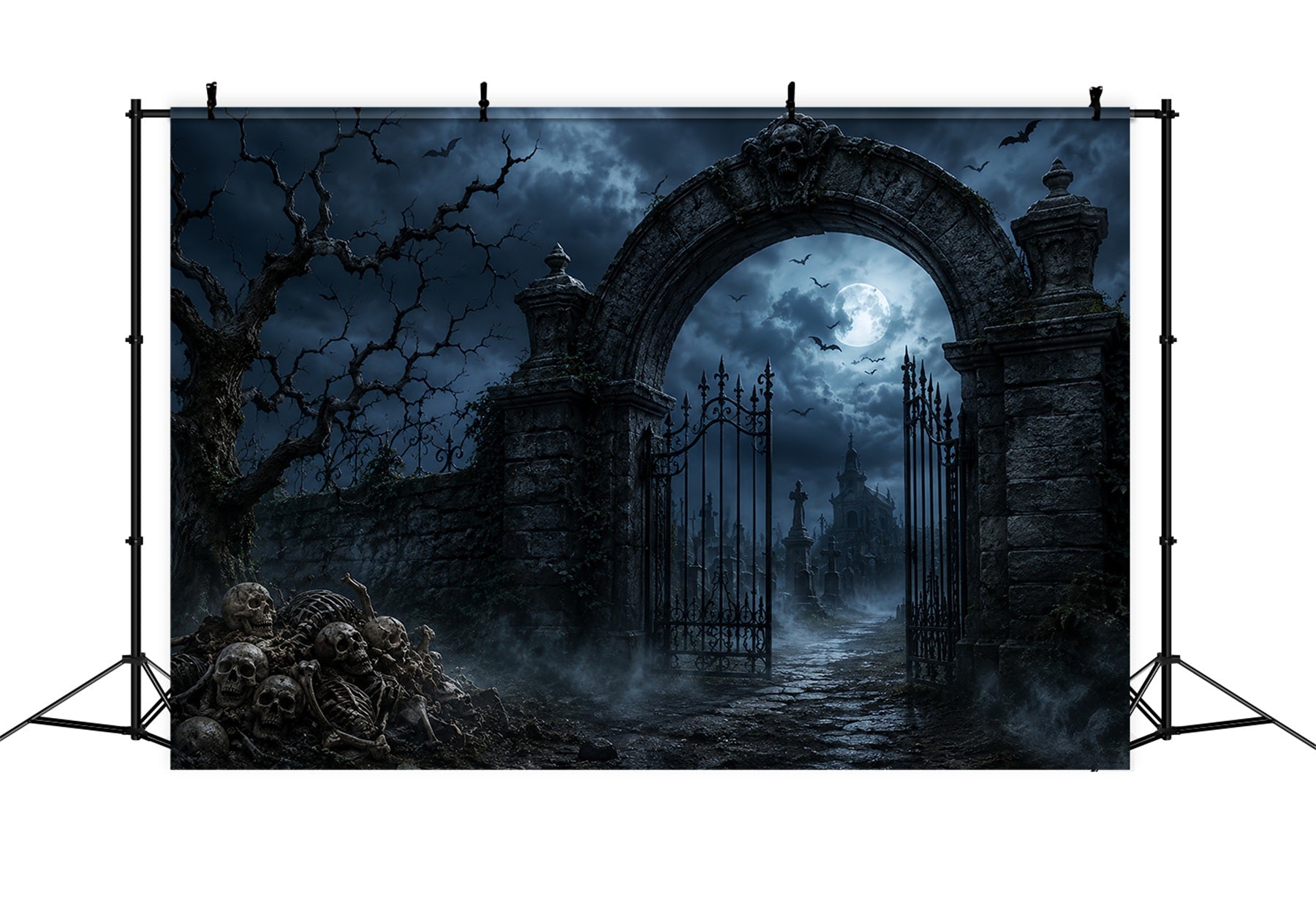 Outdoor Halloween Backdrop Skeleton Graveyard Stone Gateway Spooky Halloween Backdrop UK LXX67-168