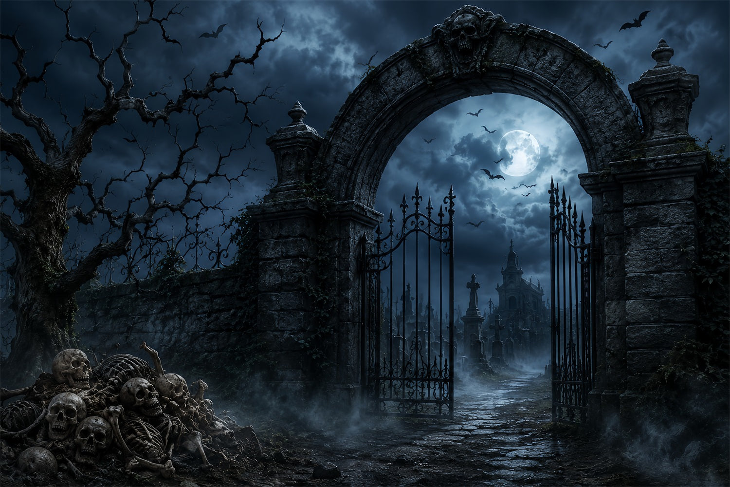 Outdoor Halloween Backdrop Skeleton Graveyard Stone Gateway Spooky Halloween Backdrop UK LXX67-168